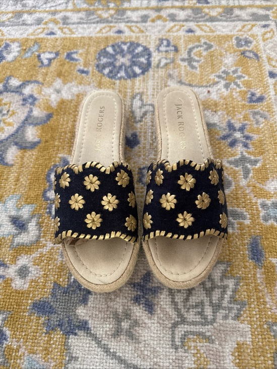Jack Rogers Shoes - Jack Rogers Navy and Gold Floral Slide Sandals